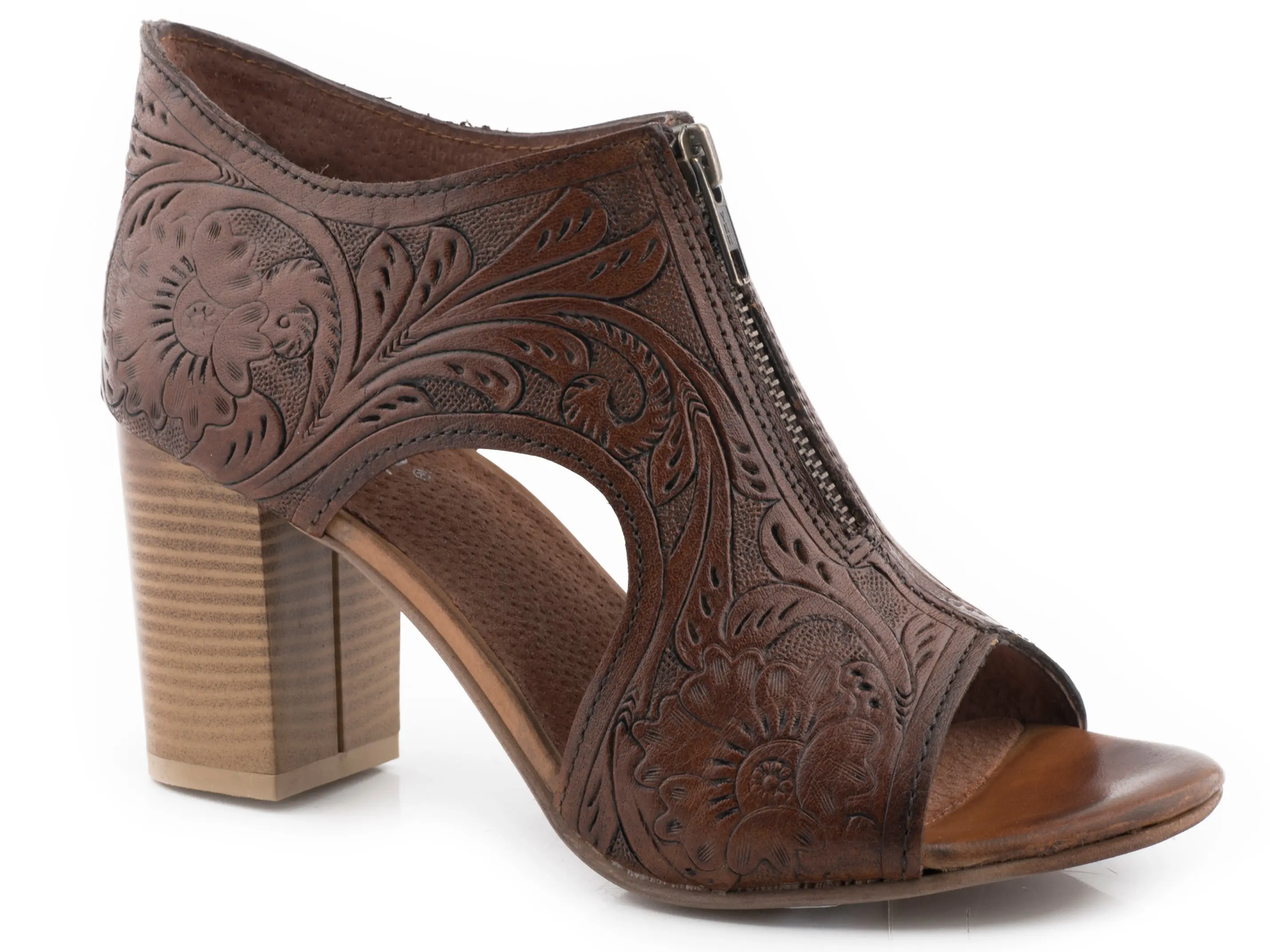 Roper Burnished Brown Tooled Open Toe 3" Heel