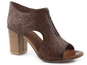Roper Burnished Brown Tooled Open Toe 3" Heel