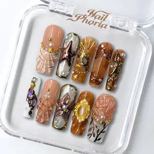 NailPhoria CORAL DUSK - Handmade Press-On Nails | Reusable, Salon-Quality, Long-Lasting, Glossy Design