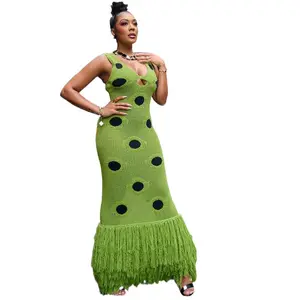 Women's Green Sexy See Through Knitted Maxi Dress with Asymmetrical Tassel Hem & Halter Neckline for Formal Parties 2025 New Style