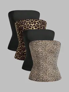 Women's Leopard Print / Plain Tube Top, Casual Sleeveless Strapless Top for Summer, Ladies Clothes for Daily Wear