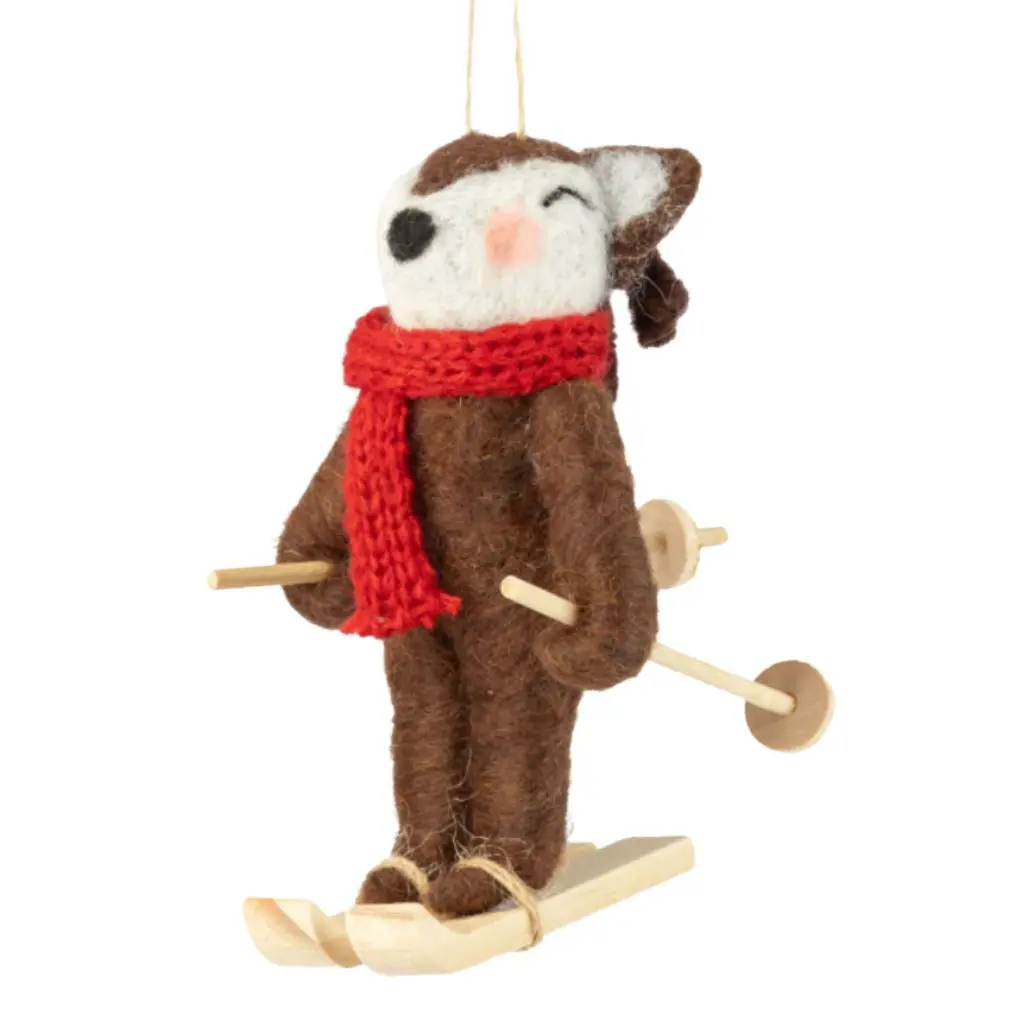 Felt and Wood Reindeer on Skis Ornament
