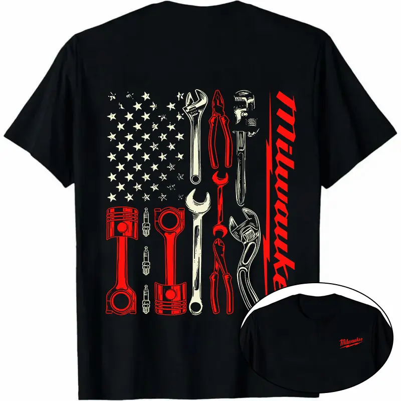 Men's Vintage Milwaukee Tools Mechanic T-Shirt - USA Flag Graphic Black Cotton, Mens Clothing, Everyday Tops, Gifts for Boyfriend, Vintage Graphic Tees, Men's Graphic Tees