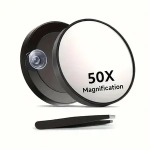 50x magnification makeup mirror set, with tweezers and suction cups to secure round mirrors, essential for both home and travel (diameter 3.5 inches)