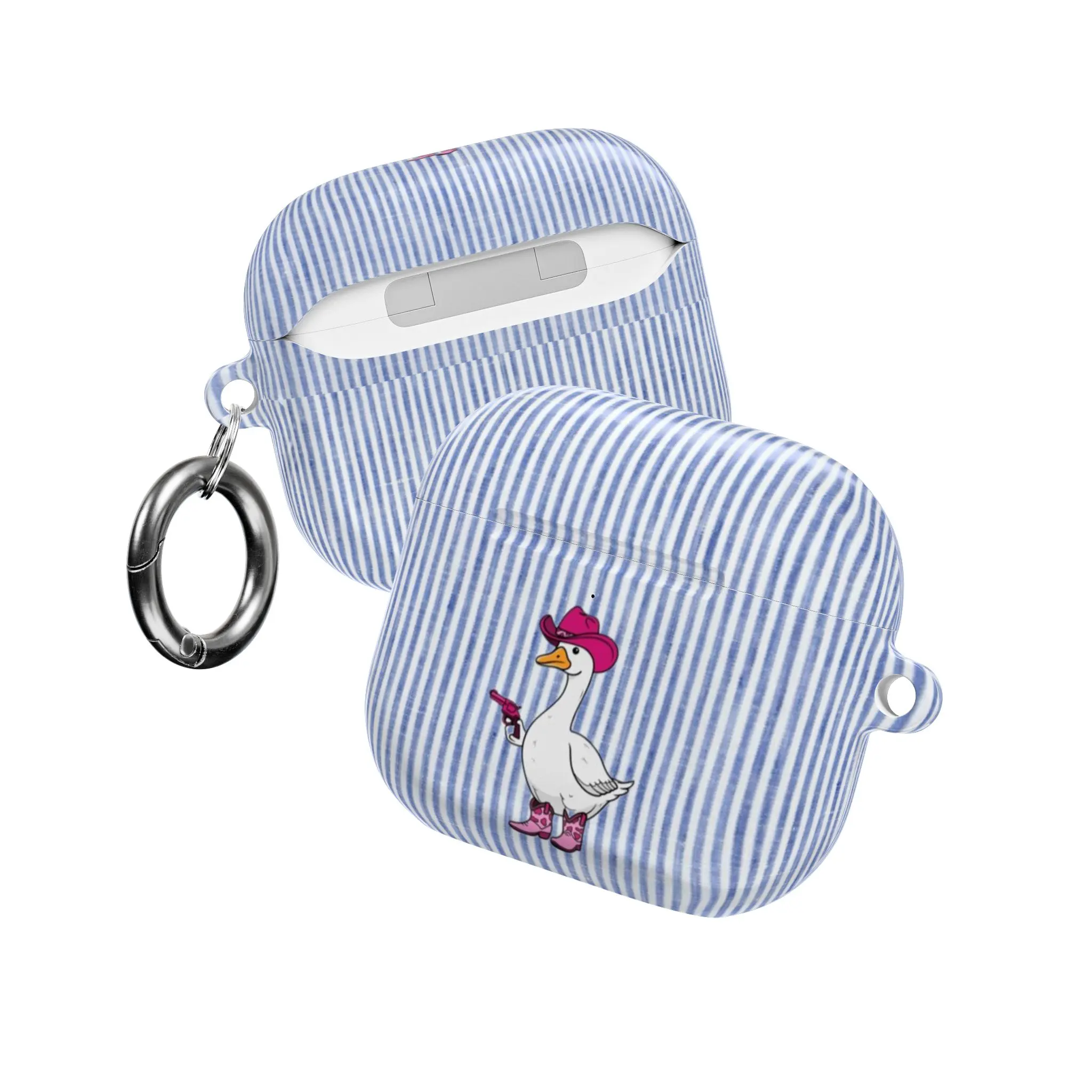 Funny Cowboy Goose with Pink Hat and Boots Striped Earbuds Case Cover for Apple AirPods Pro, AirPods 3, Samsung Galaxy Buds