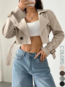 women's solid double button belted lapel neckline crop trench coat, casual long sleeve crop outerwear for spring & fall, women's clothing for daily wear