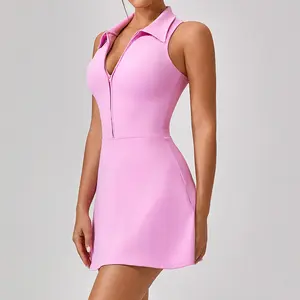 Women's Sleeveless Zip-Up Nylon Racerback Athletic Dress with Built-In Shorts - Tennis Attire, Sporty Workout Dress for Golf & Athleisure
