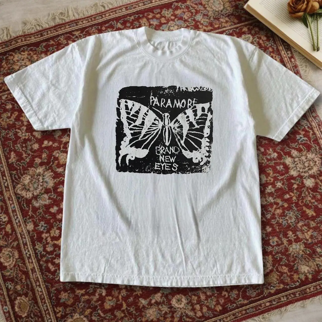 Paramore Gildan band babytee and Tshirt - white t-shirt with black butterfly graphic #brandneweyes #gildan #shirt