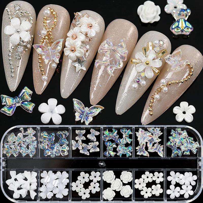 2 Pack 3D Acrylic Butterfly Flowers Nail Accessories Diamond Pearl Chain Half Circle Decal Jewelry Metal Hollow Nail Accessories Fashion Accessories