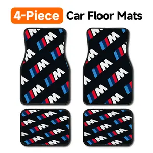 4-Piece BMW M Series All-Over Print Car Floor Mats Universal Fit Auto Floor Liner All Weather Protection Non-Slip Carpet, Black Mats with Iconic BMW M Tricolor Stripes and Repeating "M" Pattern for Bimmer Enthusiasts