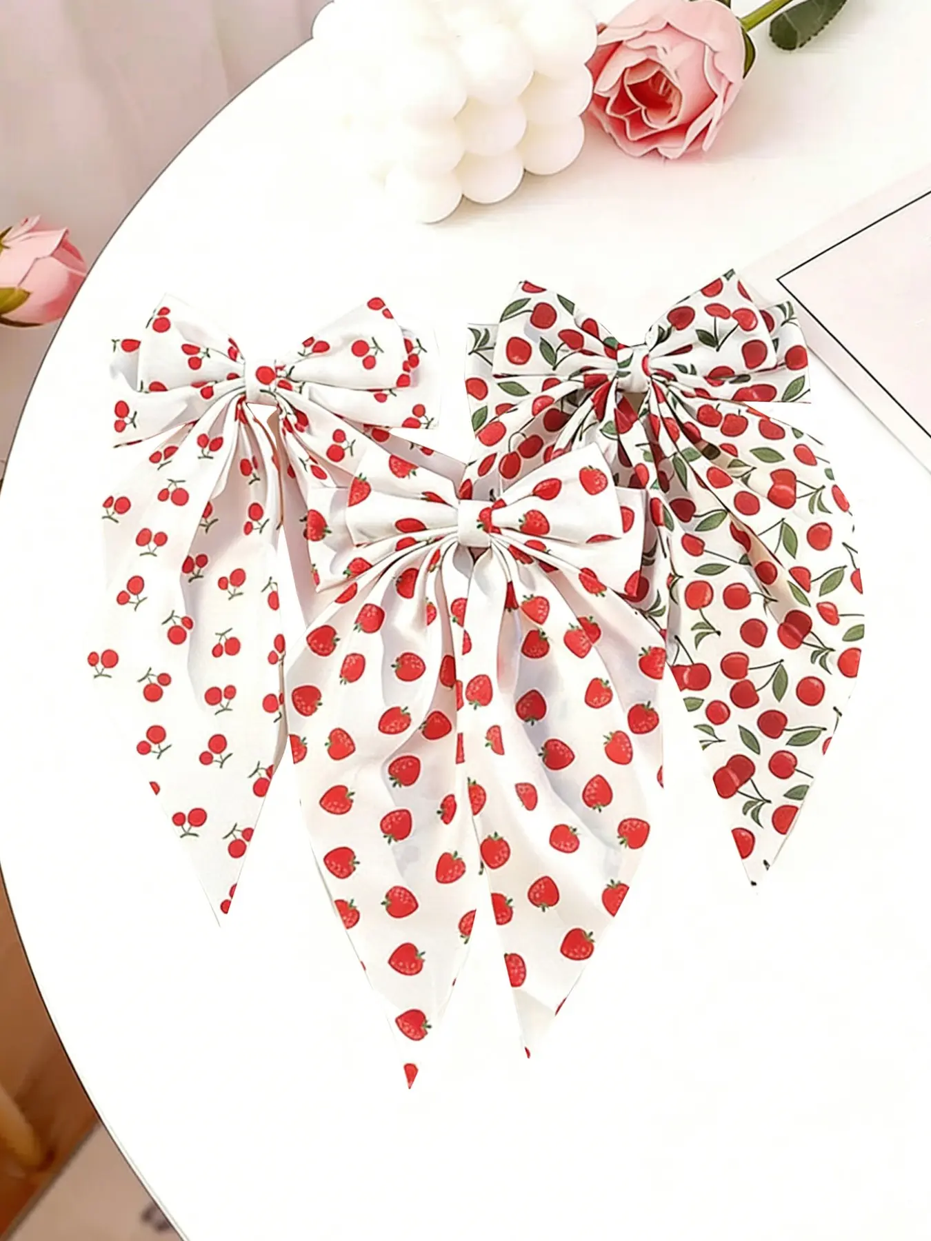 3pcs Spring Summer Fabric Strawberry Cherry Print Bow Ribbon Hair Clips, Sweet Fruit Print Hair Claws for Daily and Beach Vacation Use