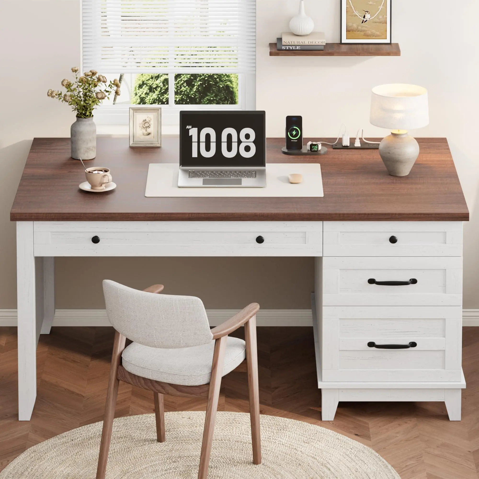 GAOMON 53.5 Inch Farmhouse Style Computer Work Desk, Engineered Wood Home Office Executive Station with Built‑in Charging Hub, File Cabinet & Storage Drawers for Writing and Study, Brownish White