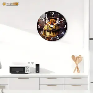 Acrylic Silent Wall Clock, Round Design with Halloween Cake Ghost Pumpkin Pattern, Ideal for Living Room Bedroom Kitchen Office Decor