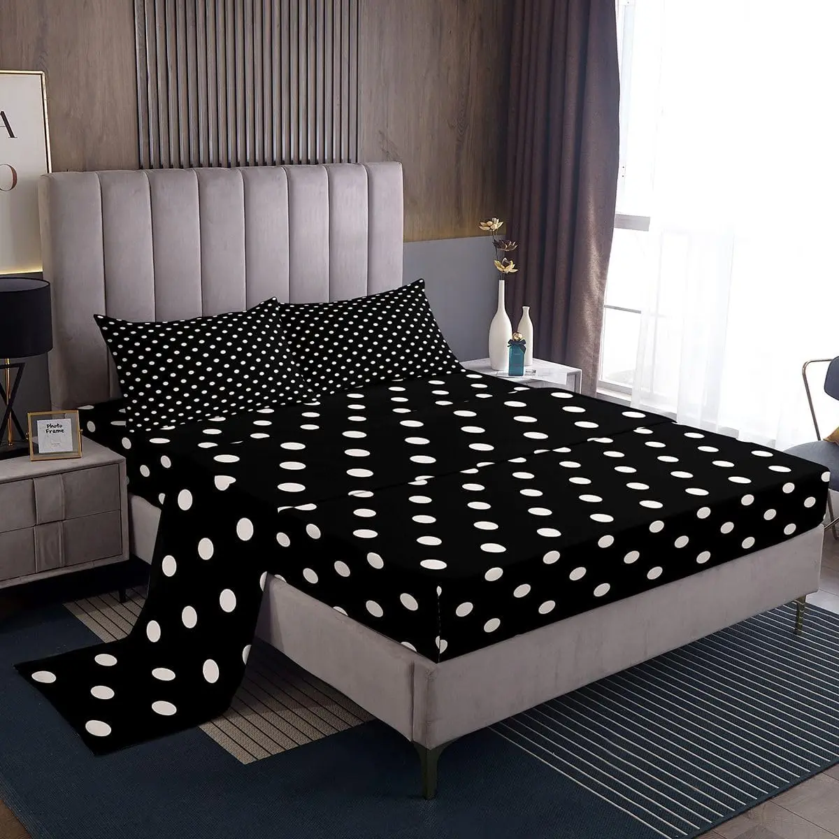 Black White Polka Dot Bed Sheets Set Retro Cute Polka Dot Bed Set Geometric Deep Pocket Fitted Sheet Luxury Breathable Soft Lightweight Microfiber