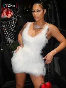 Women's Solid Color Plush Dress, Fashionable Backless Sleeveless Bodycon Fit Dress for Party Club Night Out, Women Dress for Fall & Winter