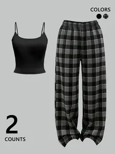Women's Casual Tank Top and Plaid Long Pants Pajama Set, Comfortable Daily Home Wear, Homewear, Fashion Nightwear, Loose-Fitting Sleepwear, Loungewear, Pjs