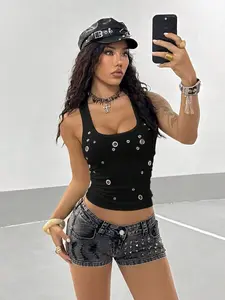StreetHxxx Women's Punk Style Sleeveless Fitted Tank Top With Rivet Decor