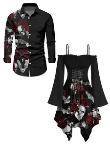 DRESSLILY 2025 Gothic Couple Outfit Women's Skull Rose Print Lace Up Off the Shoulder Asymmetrical Dress and Men's Long Sleeve Shirt Matching Set