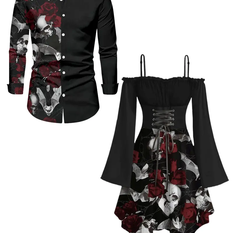 DRESSLILY 2026 Gothic Couple Outfit Women's Skull Rose Print Lace Up Off the Shoulder Asymmetrical Dress and Men's Long Sleeve Shirt Matching Set