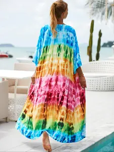 Women's Tie Dye Print Open Front Cape Dress, Casual Boho Style Long Sleeve Cover Up Dress for Beach Holiday Vacation, Ladies Clothes for All Seasons, Beach Cover Ups, Swimwear Cover Up