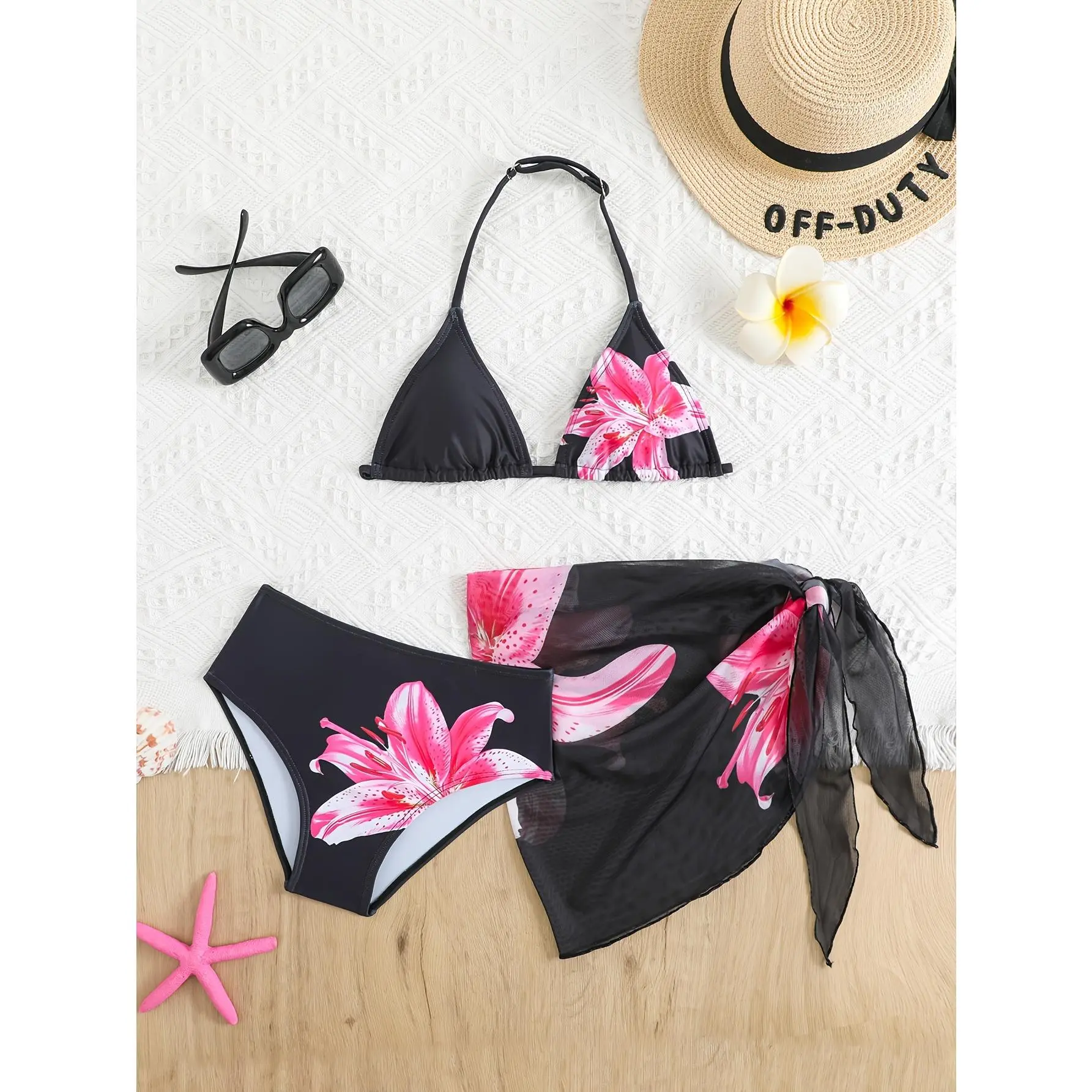 Floral Triangle Bikini Set for Tween Teens Women with Sarong Random Print Summer Holiday Bathing Suits Girls Swim Suits
