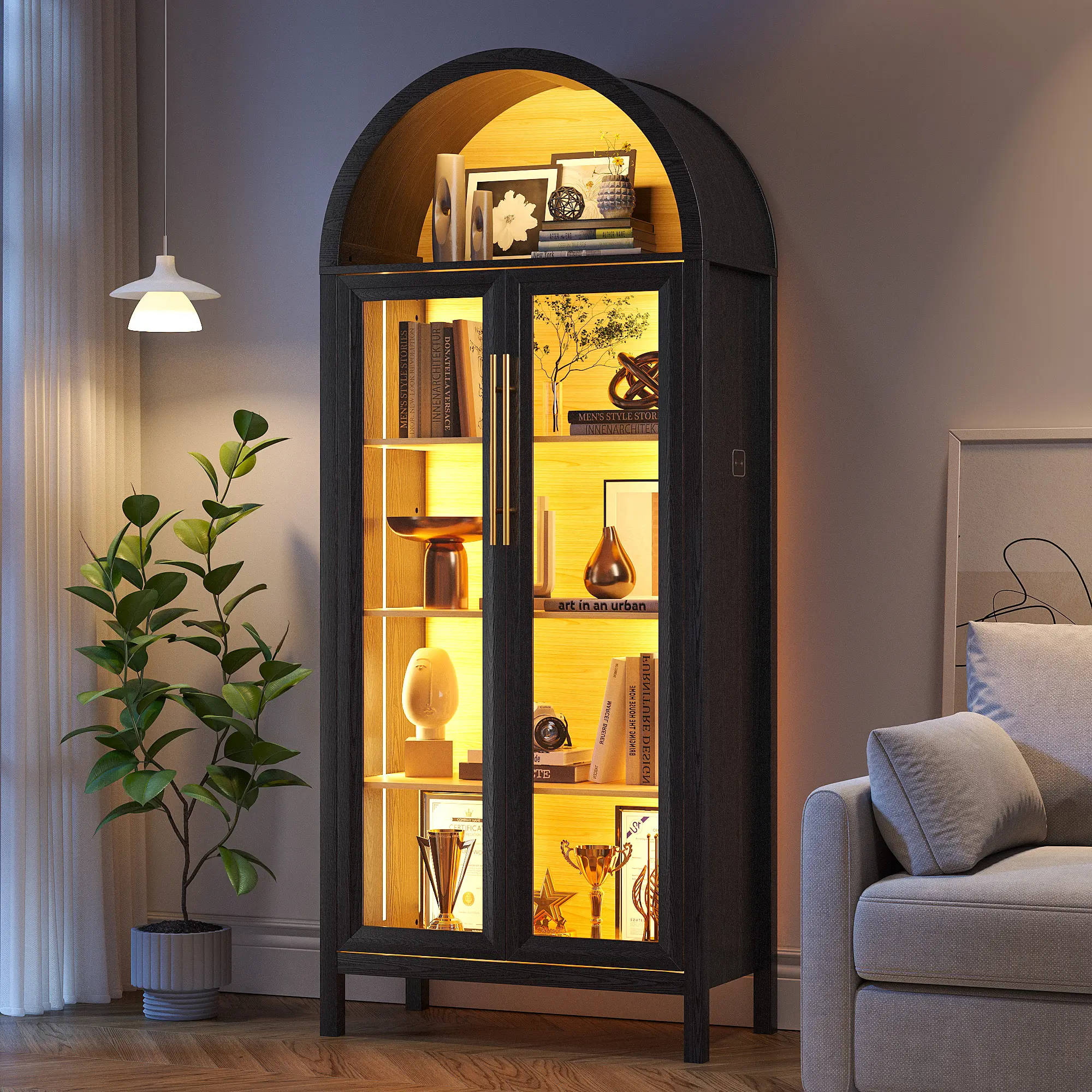 Black 72” Tall Freestanding Collectible Glass Cabinet – 5-Tier Display Shelf Cabinet with Glass Front Doors, 3-Color LED Lights, Human Sensor, Curio Storage for Living Room, Office, Collectible Glass Cabinets, Display Shelf Cabinets