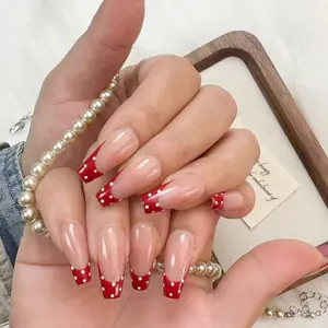 Handmade Nail Tips Set, Abs Material French Polka Dot Design, Nude Base Color, Perfect for Girls' Parties and Outings