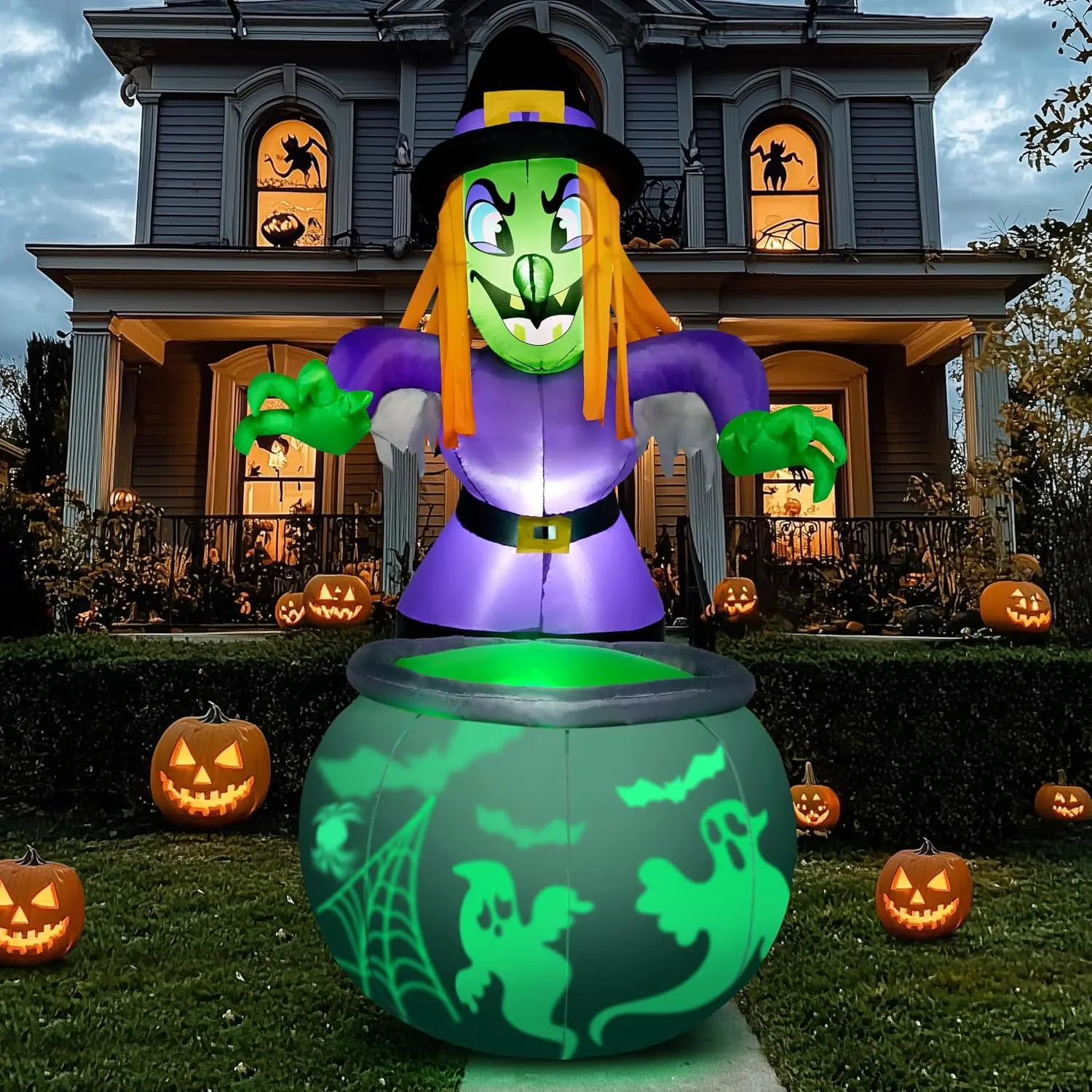 Joiedomi 6 Ft Halloween Inflatable Witch and Cauldron Decoration with Projecting Rotating Green Ghost Light, Inflatable Yard Decor Blow Up with Build-in LEDs for Halloween Party Indoor, Outdoor Decorspooky season decor, spooky yard decor, halloween yard d
