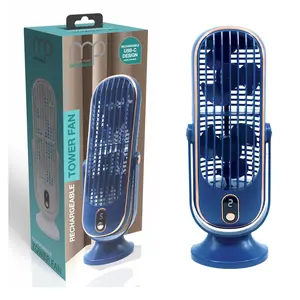 Small Rechargeable Tower Fan with Twin Blades – USB-C Charging, 5 Speeds, LCD Screen – Perfect for Bathroom, Desk, Bedside, Tabletop– Blue