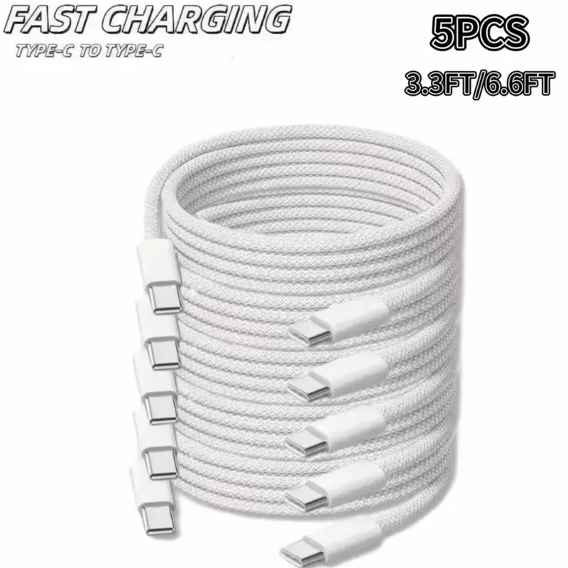 5-Pieces Fast Quick Charge Braided Cord USB-C Cables Bundle - 1mm, 2mm Thickness Connectors, Dual Ports, Compatible with Cell Phones, Mobile Device Charger Port Accessory