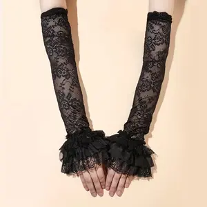 1 Pair, Lace Gloves with Floral Edging, Ins-Style Summer Sun Protection Hollow-Out Solid Color Y2K Subculture Sweet Arm Sleeves, Suitable for Weddings, Birthdays, Anniversaries, and Christmas Decorations, Women's Special Occasion Gloves