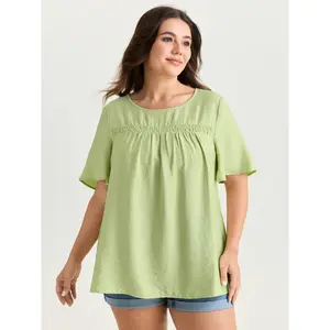 BLOOMCHIC Plus Size Ruffle Sleeve Gathered Round Neck Blouse [M-6X]2026 Summer Vibes