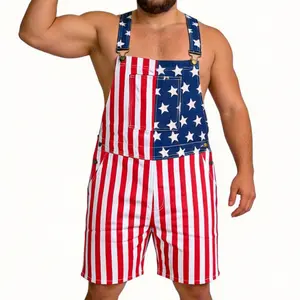 Patriotic American Flag Denim Overall Shorts for Men Women, Soft Flexible Bib Pants with Functional Pockets, Trendy Summer Festival Streetwear for National Holiday Parades, Travel Trips and World Cup Game Day Gatherings