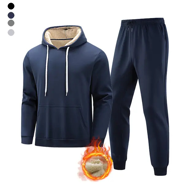 Men’s fleece athletic set, hooded sweatshirt + sweatpants, men’s running and casual two-piece set, superior heat retention for cold weather, solid-color casual two-piece set, kangaroo pocket design, men’s apparel.