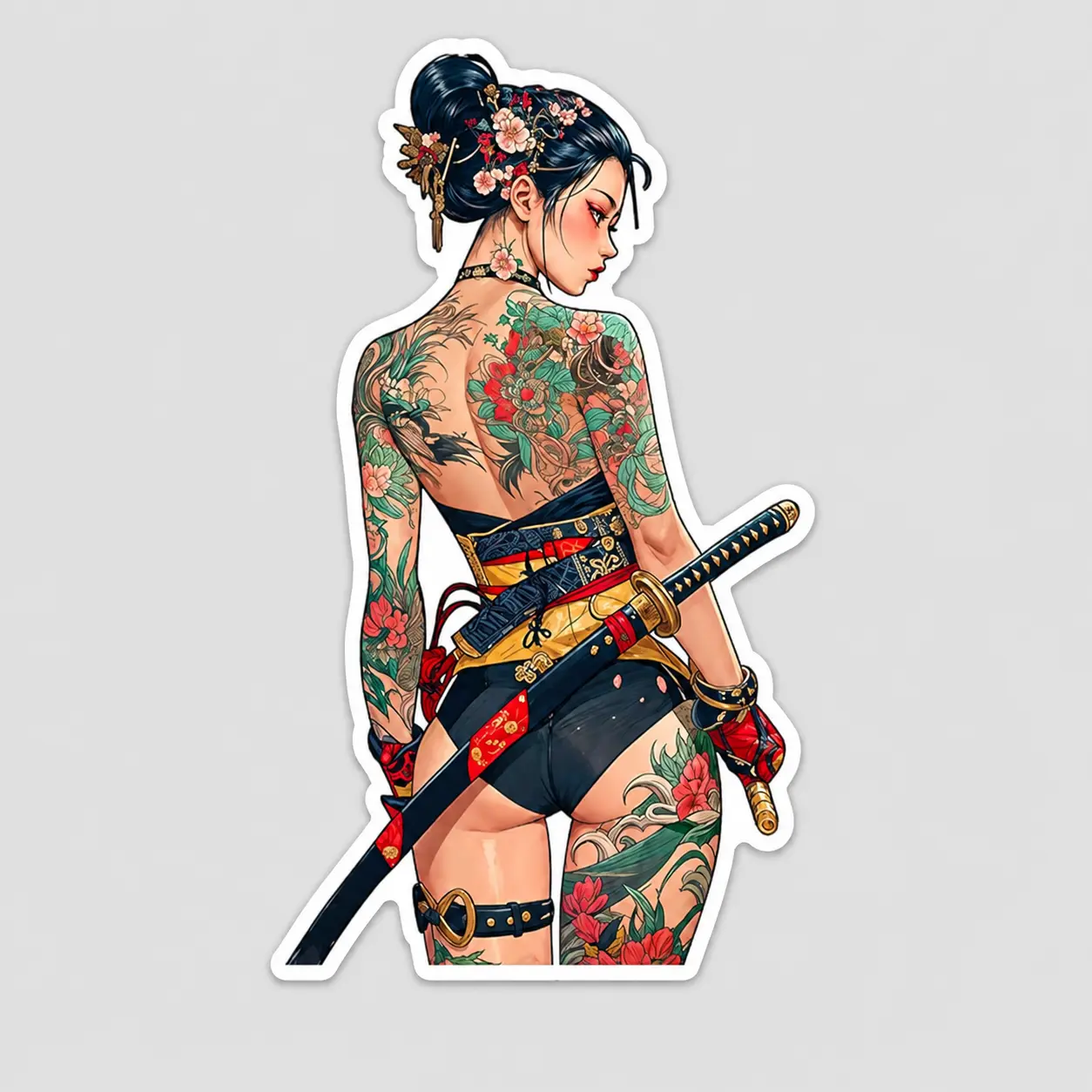 Premium Die-Cut Yakuza Samurai Waifu Sticker - Tattooed Katana Girl Waterproof Laptop Decal