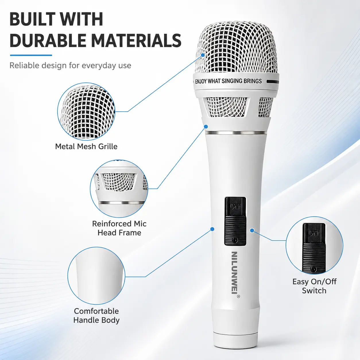 NILUNWEI YS-36D Professional Cardioid Dynamic Vocal Microphone with 14FT XLR Audio Cable, Zippered Pouch - 50-15000 Hz for Live Performance, Studio Recording (White)