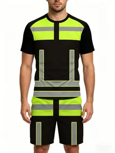 Reflective Safety Workwear Set for Men, Summer Fluorescent Short Sleeve Shorts Two-Piece Kit, Pocket Drawstring Waist, Ideal Gift