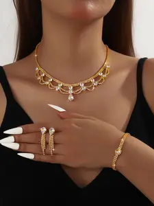 Elegant Bridal Jewelry Set, Sparkling Rhinestone Petal Teardrop Fringe Necklace Bracelet Earrings Three-Piece Ensemble