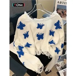 Women's Y2K Butterfly Print Ripped Drop Shoulder Long Sleeve Sweater, Elegant Fashion Casual Crew Neck Jumper for Daily Holiday Wear, Women Knitwear for Spring & Fall