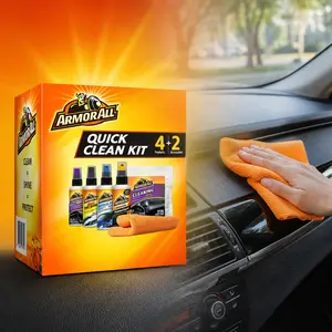Armor All Quick Clean Kit, car detailing, quick clean, tire shine, auto glass cleaner, dashboard protectant, vinyl trim, plastic panels, interior surfaces, exterior touch up, sponge applicator, microfiber cloth, easy use, clean shine protect, car SUV