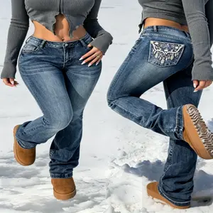 Women's Mid-Rise Floral Embellished Tummy Tuck Slim Fit Bootcut Jeans - Bottom, Pants, Smooth Fit, Classic Style - Ideal for Fashion-Forward Individuals
