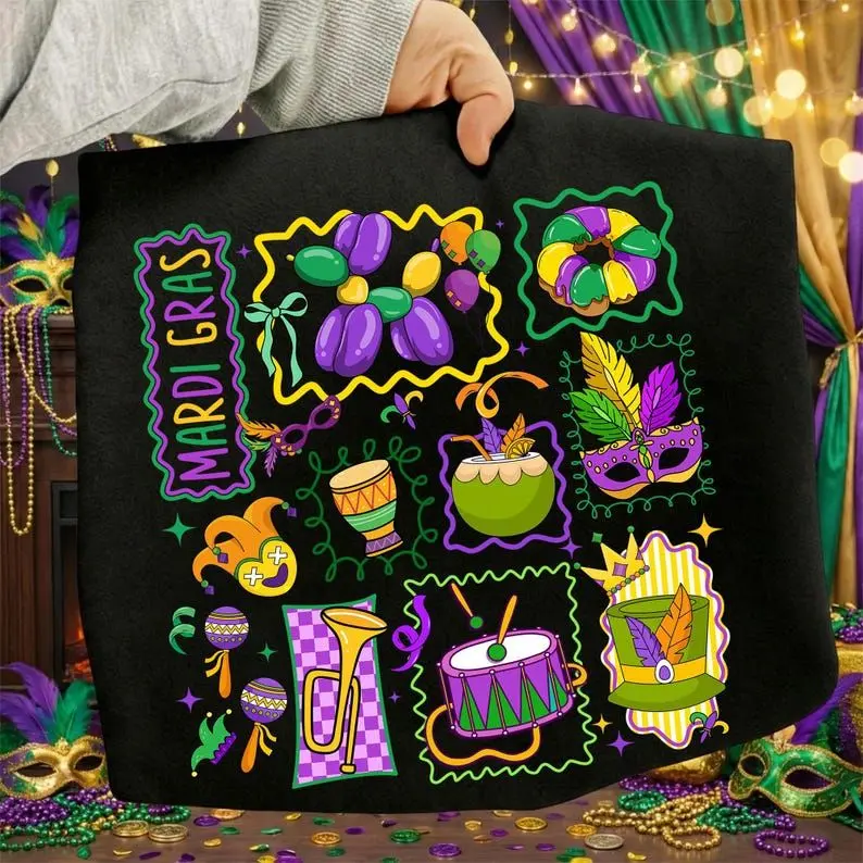 Preppy Mardi Gras Shirt, Cute Jester Mask Graphic Tee, Mardi Gras Bow Carnival Design, Festive Parade Mardi Gras Top, Colorful Carnival Shirt