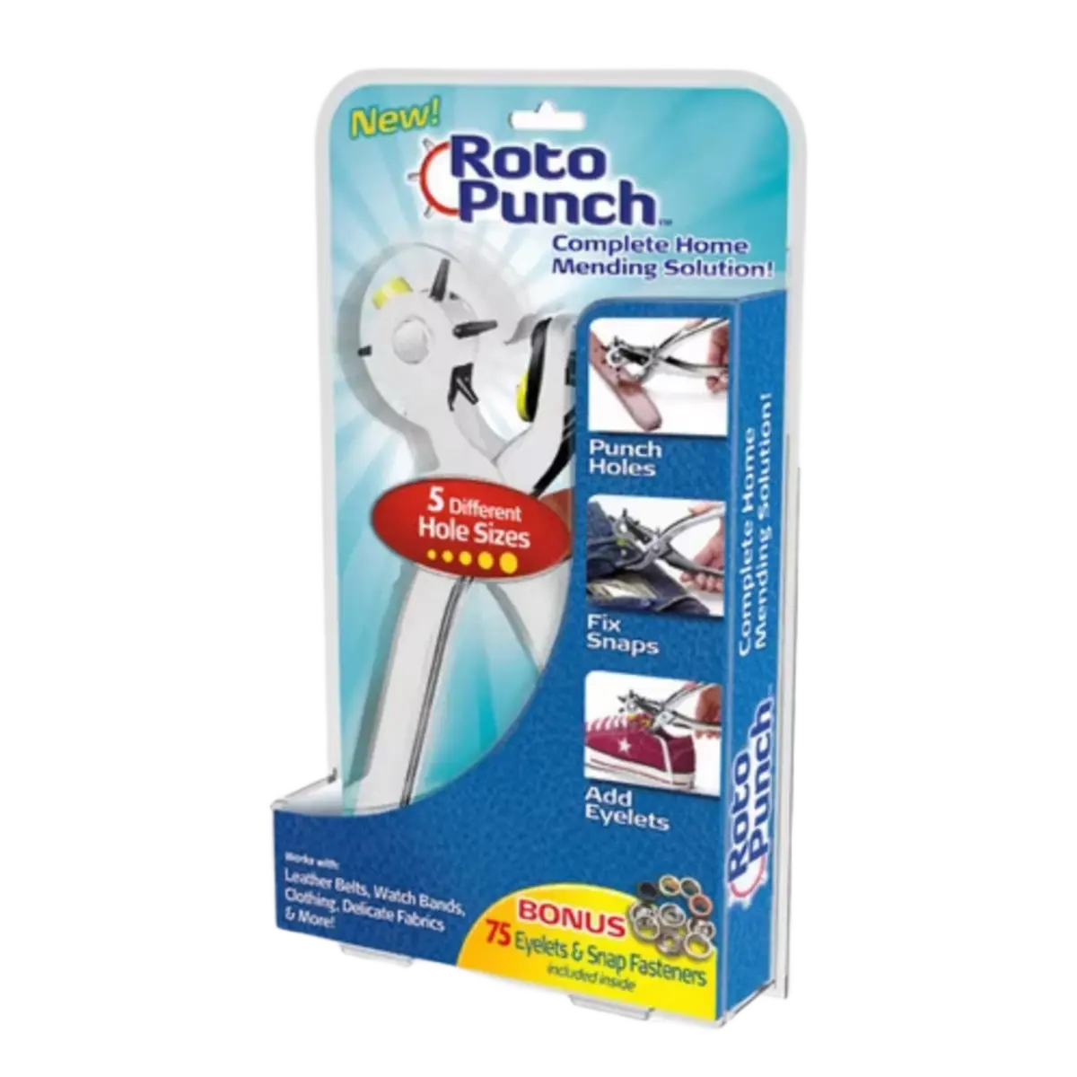 Roto Punch Multi-Size Hole Puncher Tool - 5 Different Hole Sizes with 75 Bonus Eyelets & Snap Fasteners
