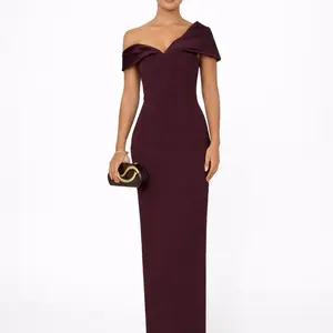 Elegant Off-Shoulder Long Dress in Rich Maroon Color with Sleek Design and Chic Clutch Accessory