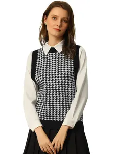 INSPIRE CHIC Round Neck Vest Sleeveless Houndstooth Plaid Knitted Sweater