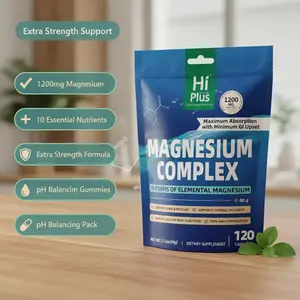 HiPlus 1200 mg Magnesium Complex - 10 Essential Extra Strength Supplement for Men and Women, 120 Capsules, Creatine Monohydrate, Soursop Bitters, pH Balancing Gummies