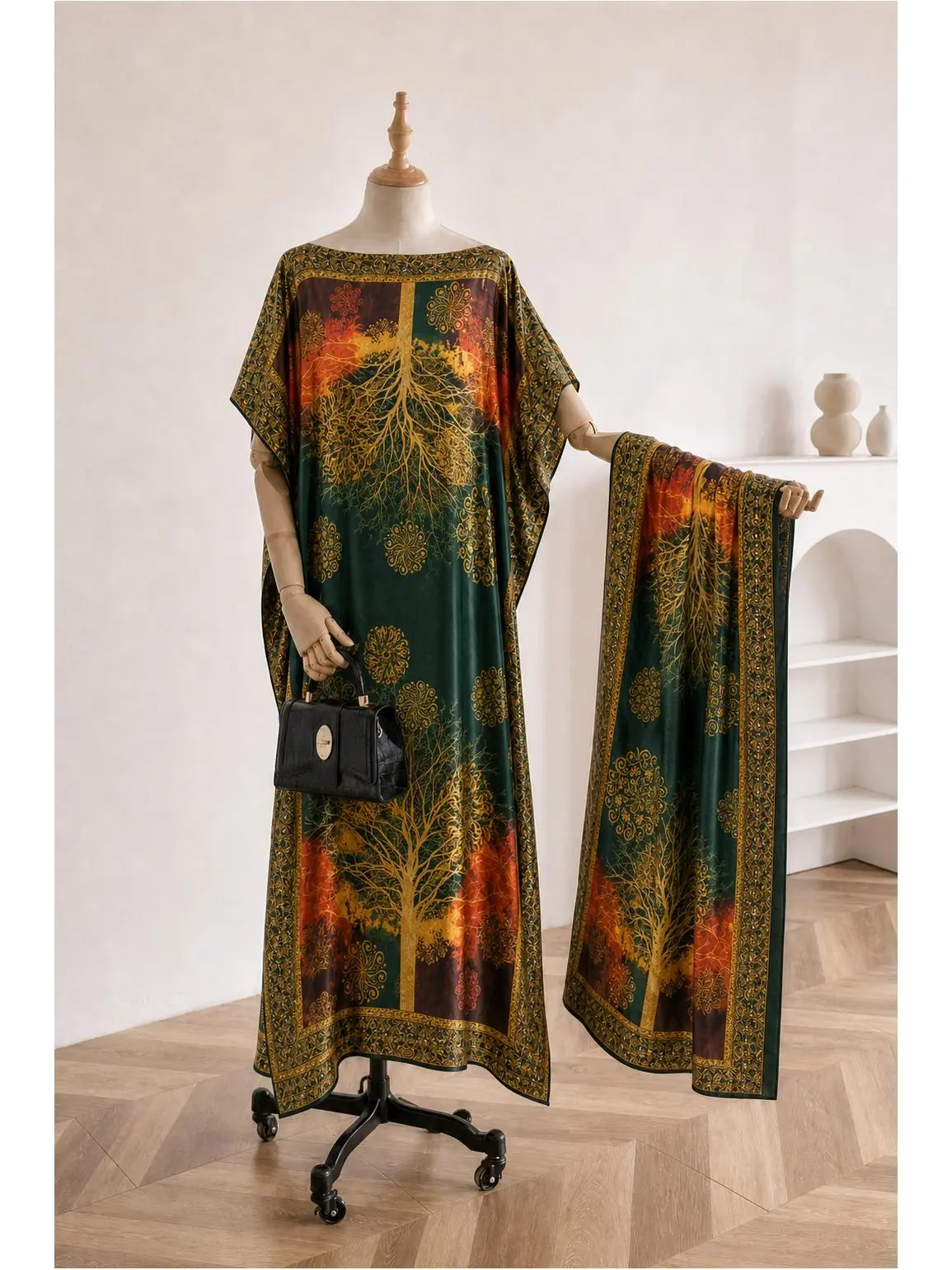 MuuMuu Muse Women's 2-Piece Vintage Elegant Avocado Green Red Gold Tree Motif Set - Loose Draping Long Length Caftan Robe Dress, Matching Scarf, Comfortable Casual Resort Style Cover Up
