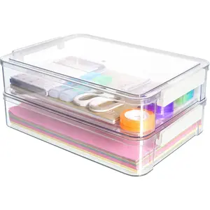 2 PCS 6 Qt Plastic Storage Bins with Lids and Latches, Portable Stackable Clear Plastic File Box for Organizing A4 Paper, Letters, Documents, Art Supplies and Crafts