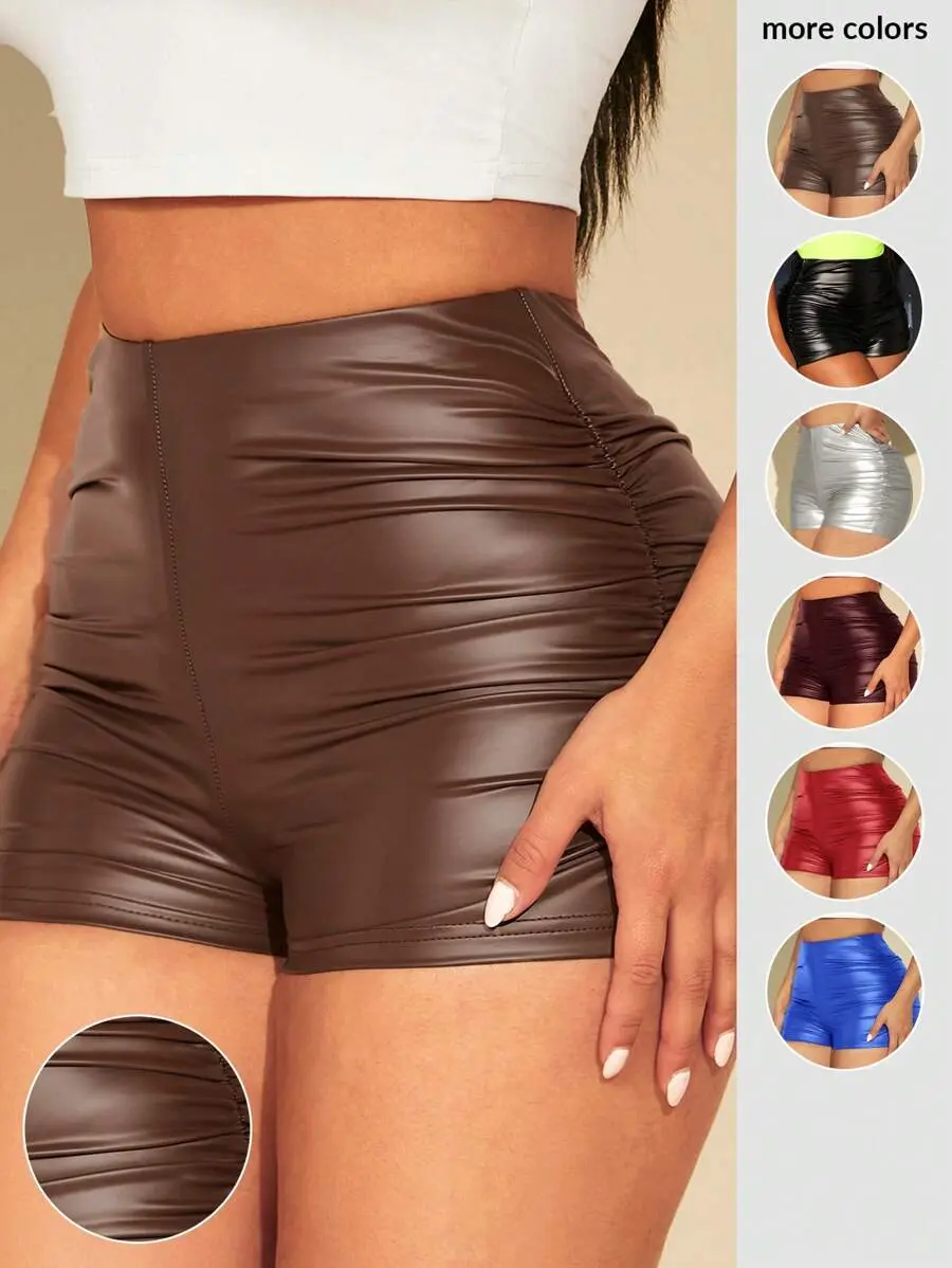 Womens Ruched PU Leather Shorts – Sexy High Stretch Mini Shorts
