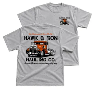 Hawk And Son Hauling Co Semi Truck T-Shirt, Trucking Company Graphic Tee With Orange Big Rig Back Print, Front Chest Hauling Logo Shirt, Trucker Workwear Outfit, Freight Driver Apparel Gift for Truckers and Men Women